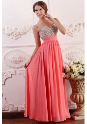 Beaded Decorate Brust Straps Empire Chiffon Watermelon Prom Dress