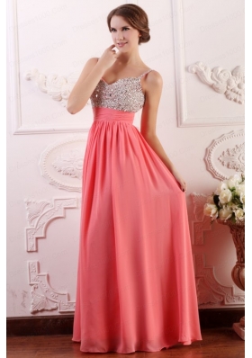 Beaded Decorate Brust Straps Empire Chiffon Watermelon Prom Dress