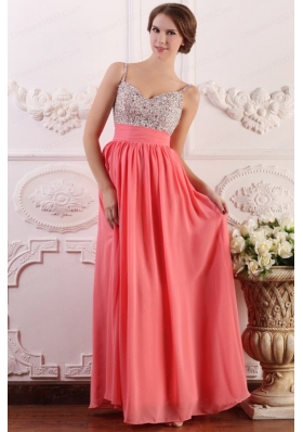 Beaded Decorate Brust Straps Empire Chiffon Watermelon Prom Dress