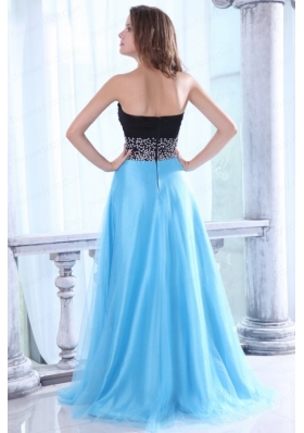 Beaded Decorate Waist Sweetheart Black and Aqua Blue Prom Dress