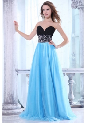 Beaded Decorate Waist Sweetheart Black and Aqua Blue Prom Dress