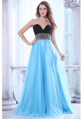 Beaded Decorate Waist Sweetheart Black and Aqua Blue Prom Dress