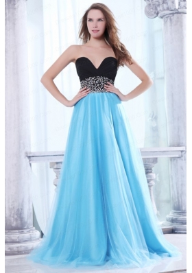 Beaded Decorate Waist Sweetheart Black and Aqua Blue Prom Dress