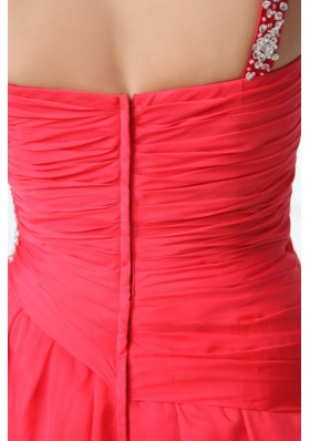 Coral Red Column Chiffon One Shoulder High-low Beading Chiffon Prom Dress