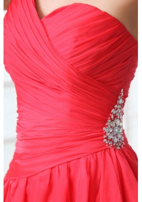 Coral Red Column Chiffon One Shoulder High-low Beading Chiffon Prom Dress