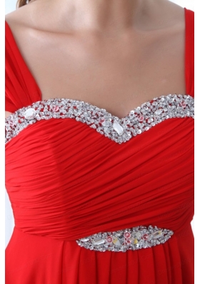 Elegant Empire Straps Beading Chiffon Red 2014 Prom Dress