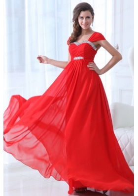 Elegant Empire Straps Beading Chiffon Red 2014 Prom Dress