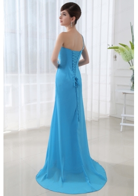 Empire High Slit Prom Dress with Ruchings and Beading One Shoulder Aqua Bue