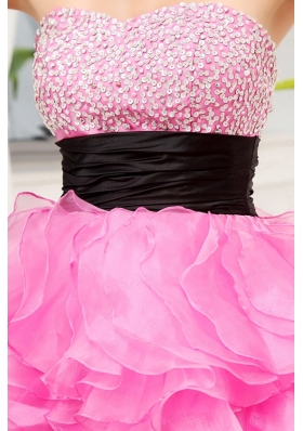 Hot Pink Strapless Belt Beading Ruffles High-Low Organza Prom Dress for 2015