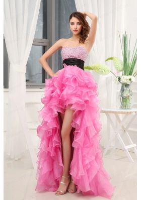 Hot Pink Strapless Belt Beading Ruffles High-Low Organza Prom Dress for 2015