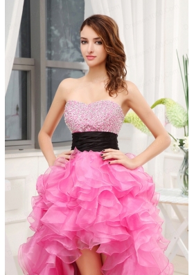 Hot Pink Strapless Belt Beading Ruffles High-Low Organza Prom Dress for 2015