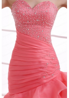 Mermaid Watermelon Red Sweetheart Beading Ruffled Layers Ruching Prom Dress