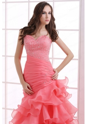 Mermaid Watermelon Red Sweetheart Beading Ruffled Layers Ruching Prom Dress