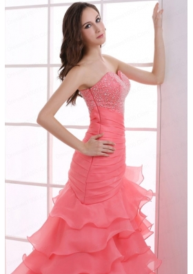 Mermaid Watermelon Red Sweetheart Beading Ruffled Layers Ruching Prom Dress