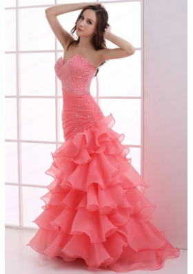 Mermaid Watermelon Red Sweetheart Beading Ruffled Layers Ruching Prom Dress