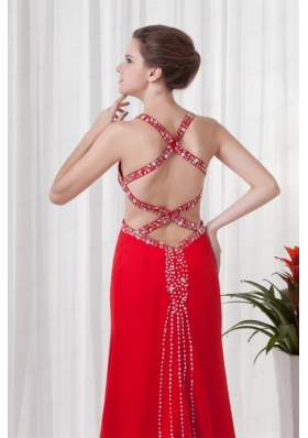 Red Column Straps Brush Train Chiffon Beading Criss Cross Prom Dress