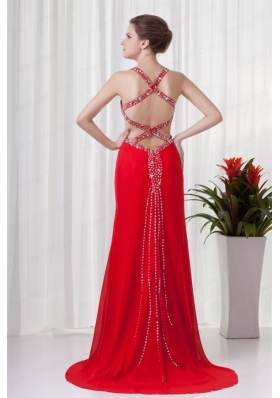 Red Column Straps Brush Train Chiffon Beading Criss Cross Prom Dress