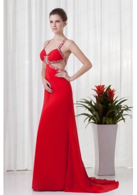 Red Column Straps Brush Train Chiffon Beading Criss Cross Prom Dress