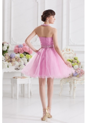 A-line Halter Top Pink Prom Dress with Ruching and Beading