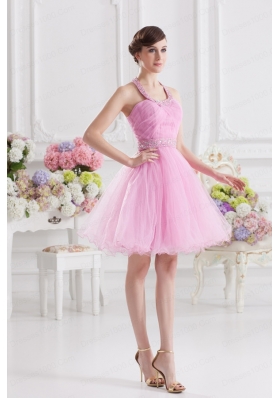 A-line Halter Top Pink Prom Dress with Ruching and Beading