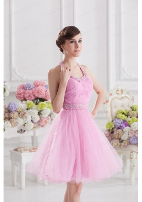 A-line Halter Top Pink Prom Dress with Ruching and Beading