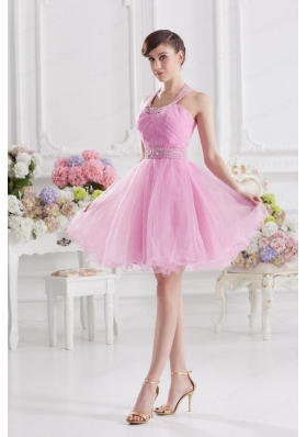 A-line Halter Top Pink Prom Dress with Ruching and Beading