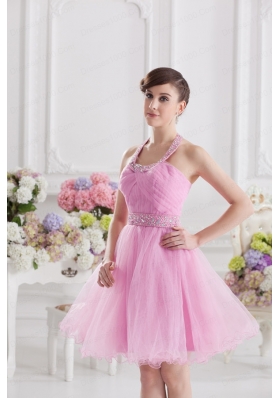 A-line Halter Top Pink Prom Dress with Ruching and Beading