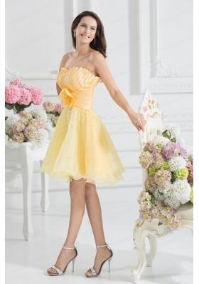 A-line Yellow Strapless Hand Made Flower Organza Prom Dress