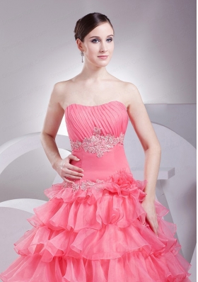 Appliques and Ruching Decorate Bodice Ruffled Layers Watermelon Red 2015 Prom Dress