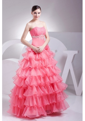 Appliques and Ruching Decorate Bodice Ruffled Layers Watermelon Red 2015 Prom Dress