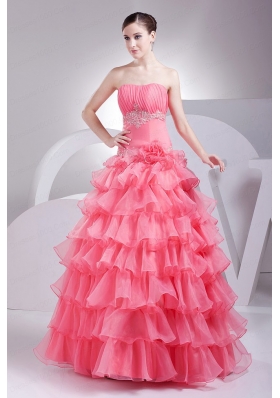 Appliques and Ruching Decorate Bodice Ruffled Layers Watermelon Red 2015 Prom Dress