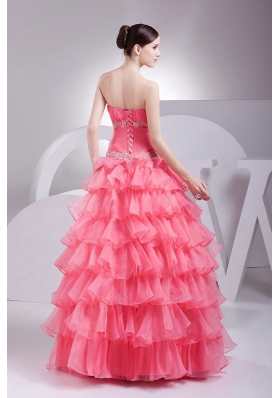 Appliques and Ruching Decorate Bodice Ruffled Layers Watermelon Red 2015 Prom Dress