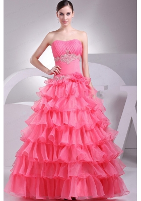 Appliques and Ruching Decorate Bodice Ruffled Layers Watermelon Red 2015 Prom Dress