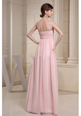 Beaded Decprate One Shoulder and Ruched Bodice For Baby Pink Prom Dress