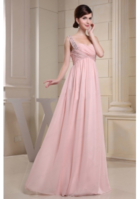 Beaded Decprate One Shoulder and Ruched Bodice For Baby Pink Prom Dress