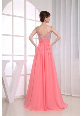 Beading Empire Straps Watermelon Chiffon Floor-length Prom Dress