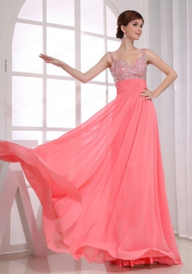 Beading Empire Straps Watermelon Chiffon Floor-length Prom Dress