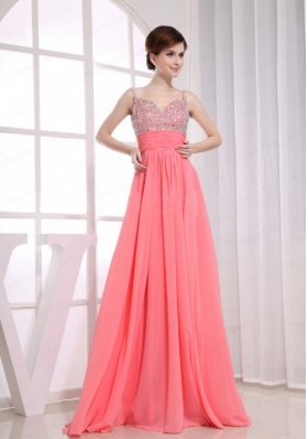 Beading Empire Straps Watermelon Chiffon Floor-length Prom Dress