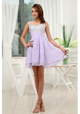 Beading Straps Chiffon Mini-length A-Line Lilac Prom Dress