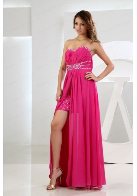 High Slit Empire Chiffon Beading Floor-length Sweetheart Prom Dress Hot Pink