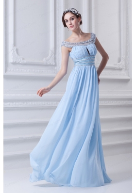 Light Blue Off The Shoulder Empire Chiffon Prom Dress with Beading and Ruching