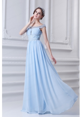 Light Blue Off The Shoulder Empire Chiffon Prom Dress with Beading and Ruching