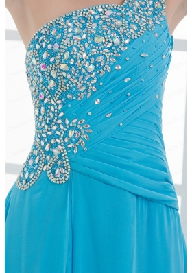 Sky Blue Beading and Ruching Empire One Shoulder Prom Dress with Court Train