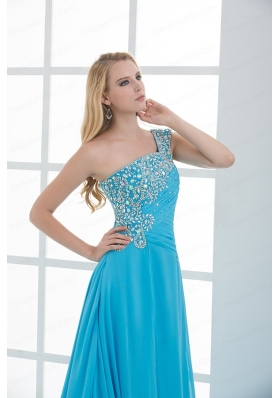 Sky Blue Beading and Ruching Empire One Shoulder Prom Dress with Court Train