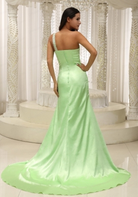 Beading Decorate One Shoulder Ruched Bodice For Yellow Green 2015 Plus Size Prom Dress