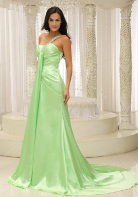 Beading Decorate One Shoulder Ruched Bodice For Yellow Green 2015 Plus Size Prom Dress