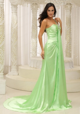 Beading Decorate One Shoulder Ruched Bodice For Yellow Green 2015 Plus Size Prom Dress