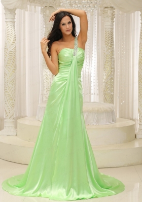 Beading Decorate One Shoulder Ruched Bodice For Yellow Green 2015 Plus Size Prom Dress