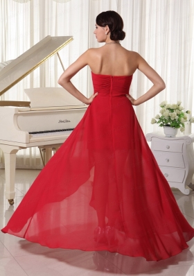 Red Sweetheart Ruching and Beading Prom Dress with High Low