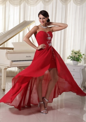 Red Sweetheart Ruching and Beading Prom Dress with High Low